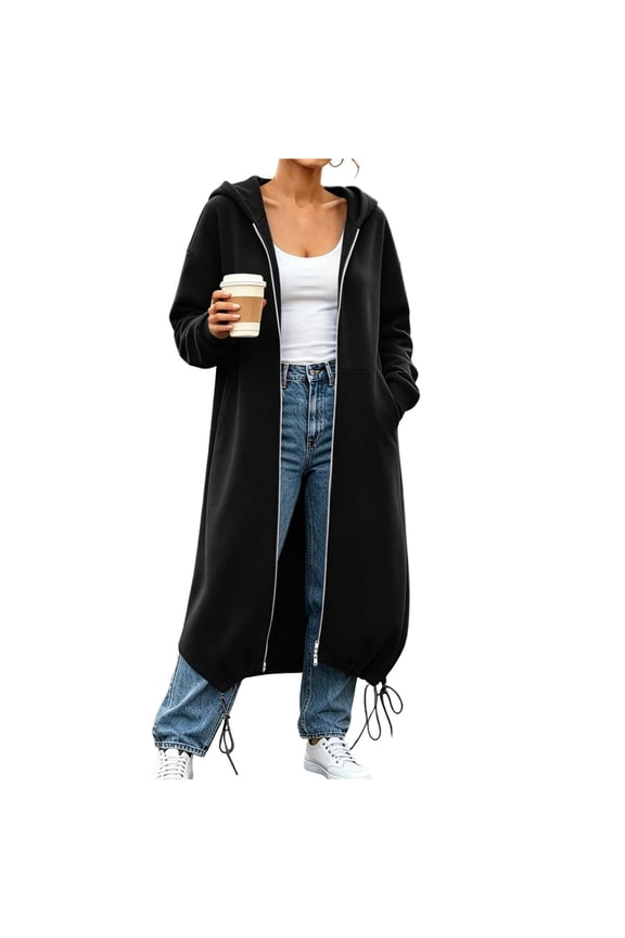 Womens Full Zip Up Hoodie Jacket Coat,Drawstring Hem Long Hooded Cardigan Sweatshirt Jacket Loose Fit Casual Layering Outerwear with Side Pockets,M