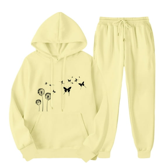 ibuvkizy Womens Hoodie Sweatsuits 2 Piece Set,Outfits Men's and Women's Sports Tracksuits Long Sleeve Pullover Hoodies Sweatshirt Loose Coat and Sweatpants Fall Winter Suit Yellow,S
