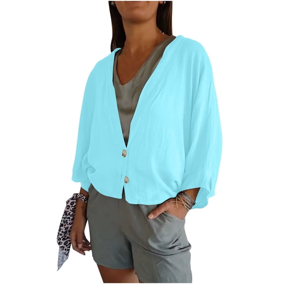 ibuvkizy Womens Lightweight Summer Cardigan Womens 3/4 Sleeve Cardigan Womens Summer Fall Tie Dyed Print Cardigan Long Sleeve Loose Cover Up Casual Blouse Tops Light Blue XL