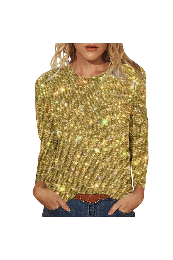 Womens Long Sleeve Tops,Shirts for Women,Ladies' Shiny Printed Casual Pullover Classic Long Sleeved Round Neck Top Yellow,XL