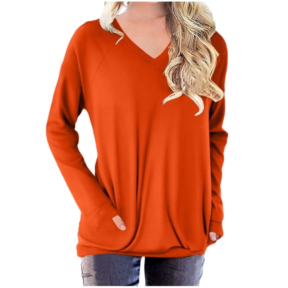 ibuvkizy Womens Long Sleeve Tops,Shirts for Women,Oversized Tshirts Shirts for Women Solid Workout Sweatshirts Casual Basic Long Sleeve Shirt Classic V-Neck Tops Orange,M