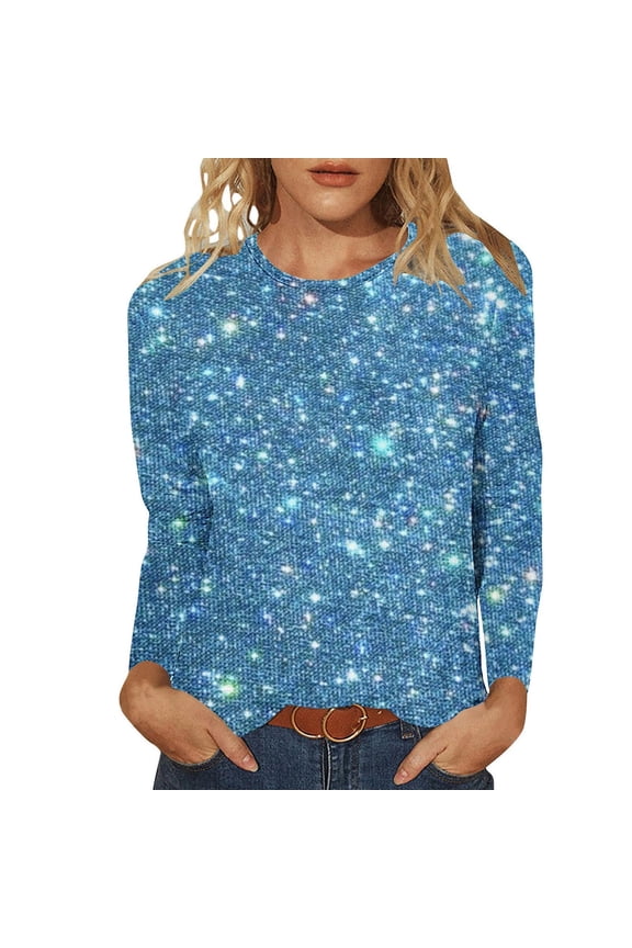 Womens Long Sleeve Tops,Shirts for Women,Ladies' Shiny Printed Casual Pullover Classic Long Sleeved Round Neck Top Light Blue,S