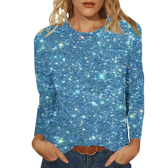 ibuvkizy Womens Long Sleeve Tops,Shirts for Women,Ladies' Shiny Printed Casual Pullover Classic Long Sleeved Round Neck Top Light Blue,S