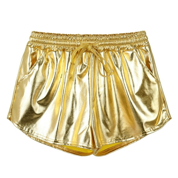 ibuvkizy Womens Shorts Casual Summer Shorts for Women,Sexy Imitation Leather Pants Nightclub Metal Reflective Hot Gold Shorts,Comfy Short Pants Drawstring Elastic Waist Pocketed Shorts