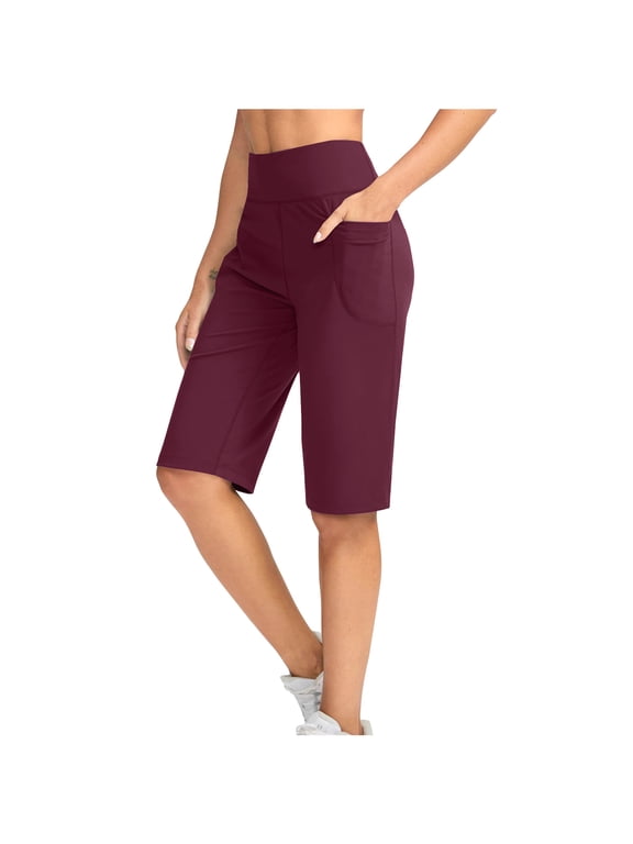Womens Shorts Summer Plus Size Half Short Capri Pants High Waisted Yoga Workout Exercise Capris for Casual Summer With Pockets Gift for Women Wine M