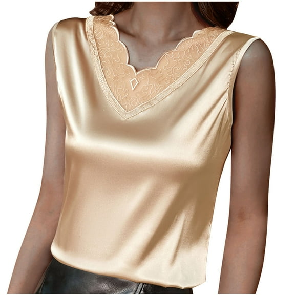 ibuvkizy Womens Silk Tank Tops,Lace Camisole Tops for Women Summer Casual and Fashionable Solid Round Neck Sleeveless Top Rose Gold,XXXXXL