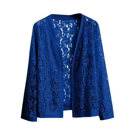 ibuvkizy Womens Summer Cardigan 3/4 Sleeve Cardigan for Women Casual Fashion Lace Hollowed-out Long Sleeve Jacket Cardigan Blue XXL