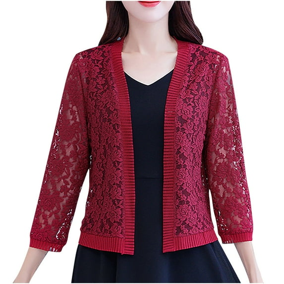 ibuvkizy Womens Summer Cardigan Clearance Loose Long Sleeved Breathable Cardigans Women's Casual Fashion Lace Hollowed-out Long Sleeve Jacket Cardigan Wine XXXXL