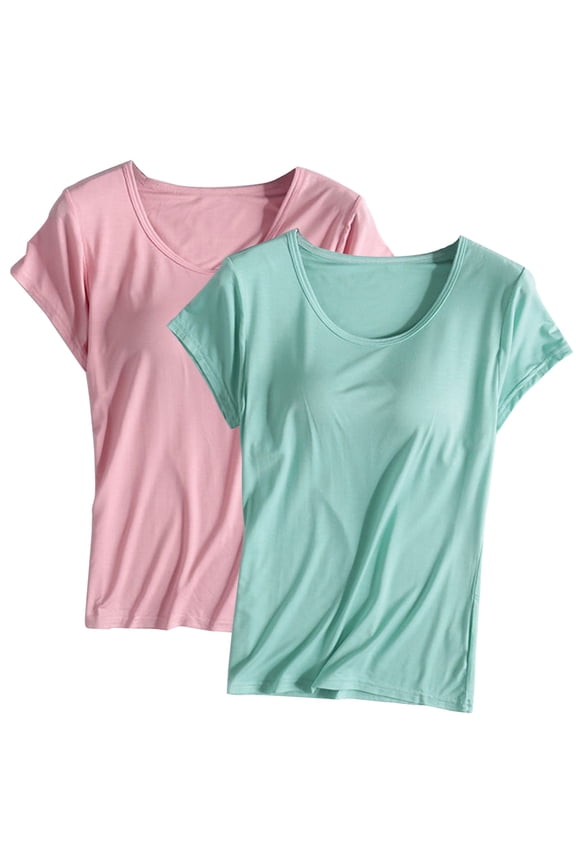 Womens Summer Tops 2PC Womens Built in Bra T Shirt Padded Active Yoga Plus Size Tops Solid Color Crew Neck Short Sleeves Blouses Soft Pajama Casual Workout Shirts