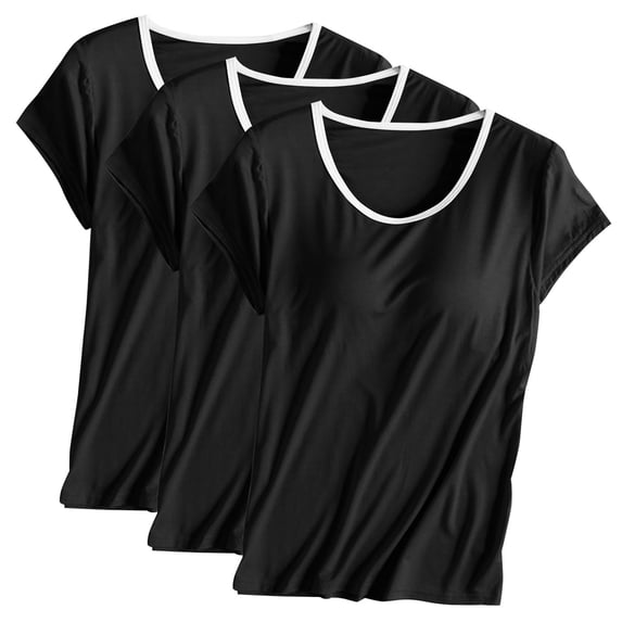 ibuvkizy Womens Summer Tops 3PC Womens Built in Bra T Shirt Padded Active Yoga Plus Size Tops Solid Color Crew Neck Short Sleeves Blouses Soft Pajama Casual Workout Shirts