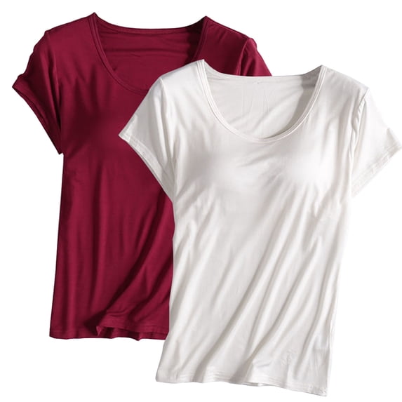ibuvkizy Womens Summer Tops 2PC Womens Built in Bra T Shirt Padded Active Yoga Plus Size Tops Solid Color Crew Neck Short Sleeves Blouses Soft Pajama Casual Workout Shirts