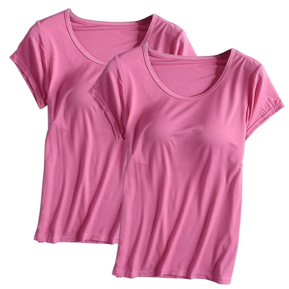ibuvkizy Womens Summer Tops 2PC Womens Built in Bra T Shirt Padded Active Yoga Plus Size Tops Solid Color Crew Neck Short Sleeves Blouses Soft Pajama Casual Workout Shirts