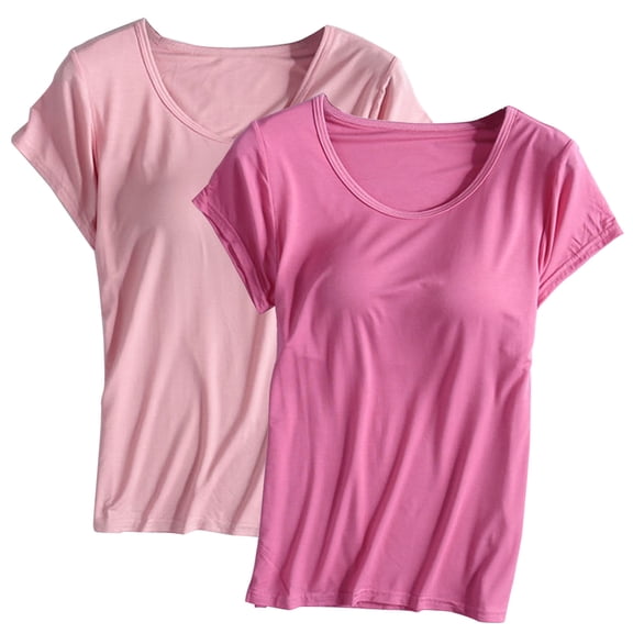 ibuvkizy Womens Summer Tops 2PCS Womens Built in Bra T Shirt Padded Active Yoga Plus Size Tops Solid Color Crew Neck Short Sleeves Blouses Soft Pajama Casual Workout Shirts