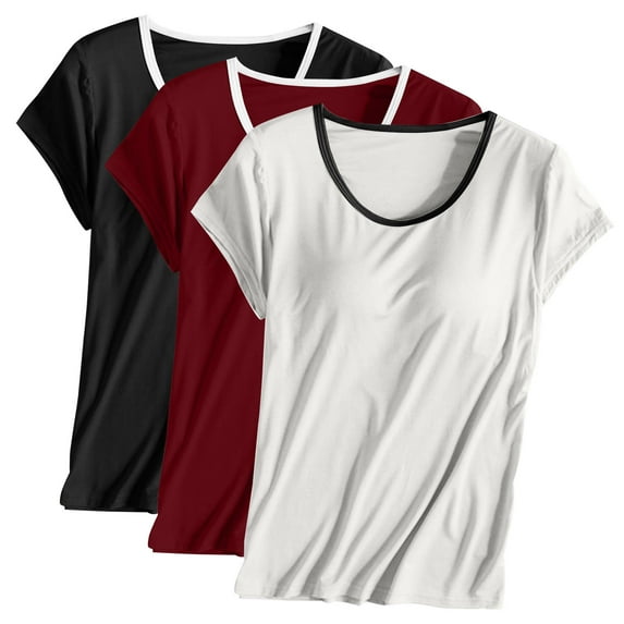 ibuvkizy Womens Summer Tops 3PC Womens Built in Bra T Shirt Padded Active Yoga Plus Size Tops Solid Color Crew Neck Short Sleeves Blouses Soft Pajama Casual Workout Shirts