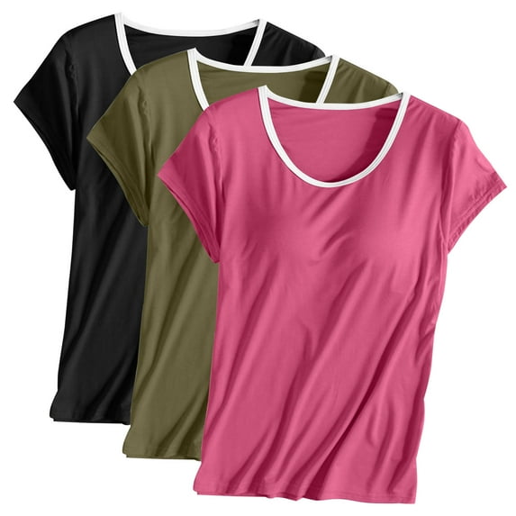 ibuvkizy Womens Summer Tops 3PCS Womens Built in Bra T Shirt Loungewear Shirt for Women Plus Size Crop Top Built in Bra Short Sleeve Crew Neck Nightwear T-Shirt