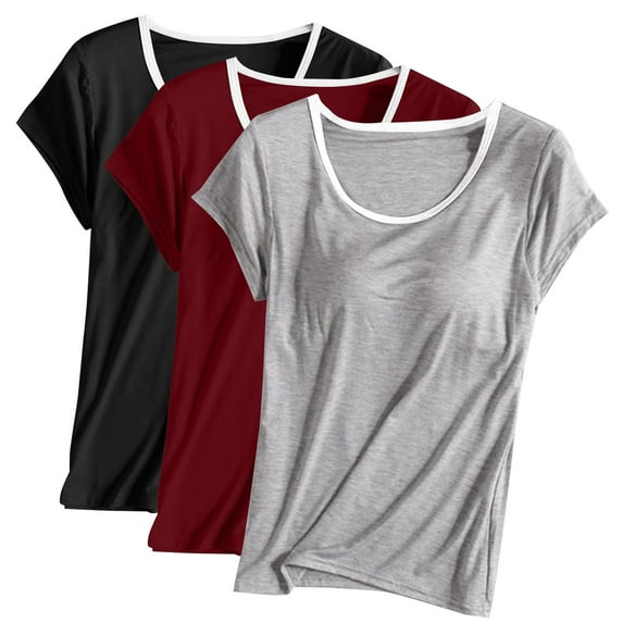 ibuvkizy Womens Summer Tops 3PCS Womens Built in Bra T Shirt Padded Active Yoga Plus Size Tops Solid Color Crew Neck Short Sleeves Blouses Soft Pajama Casual Workout Shirts
