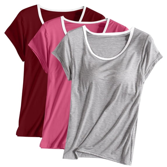 ibuvkizy Womens Summer Tops 3PCS Womens Built in Bra T Shirt Padded Active Yoga Plus Size Tops Solid Color Crew Neck Short Sleeves Blouses Soft Pajama Casual Workout Shirts