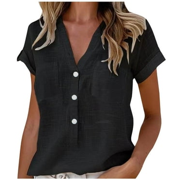 ibuvkizy Womens Summer Tops Clearance!Women's Fashion Cotton Linen Button Down Shirt 2024 Casual V-Neck Short Sleeve Solid Color Shirts Loose Work Tops with Pockets