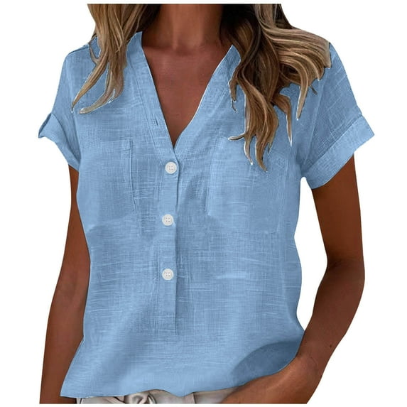 ibuvkizy Womens Summer Tops,Women's Fashion Cotton Linen Button Down Shirt 2025 Casual V-Neck Short Sleeve Solid Color Shirts Loose Work Tops with Pockets