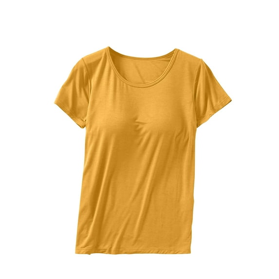 ibuvkizy Womens Summer Tops Womens Built in Bra T Shirt Loungewear Shirt for Women Plus Size Crop Top Built in Bra Short Sleeve Crew Neck Nightwear T-Shirt