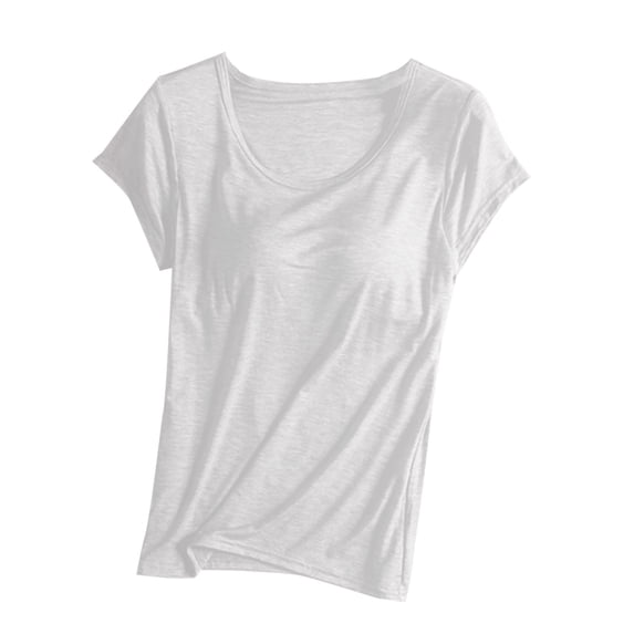 ibuvkizy Womens Summer Tops,Womens Built in Bra T Shirt Padded Active Yoga Plus Size Tops Solid Color Crew Neck Short Sleeves Blouses Soft Pajama Casual Workout Shirts
