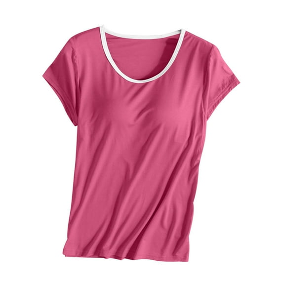 ibuvkizy Womens Summer Tops Womens Built in Bra T Shirt Padded Active Yoga Plus Size Tops Solid Color Crew Neck Short Sleeves Blouses Soft Pajama Casual Workout Shirts