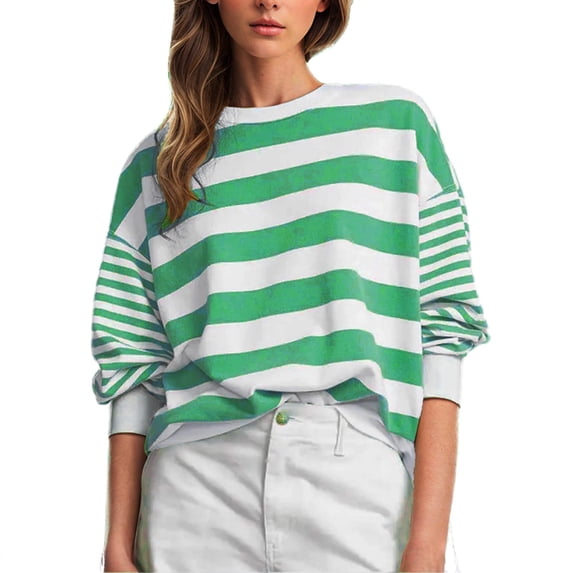 ibuvkizy Womens Summer Tops,Long Sleeve Shirts for Women Fashion Loose Casual Striped Color Blocking Round Neck Top,Gifts for Women