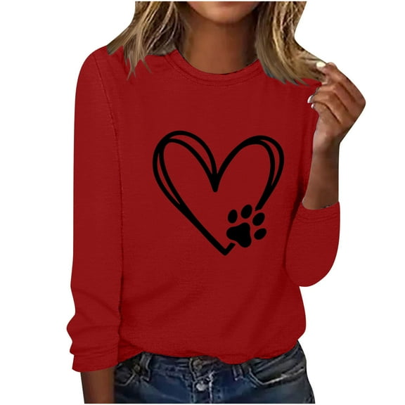 ibuvkizy Womens Sweatshirts Valentines Day Love Heart Printed Round Neck Pullover Long Sleeved Casual Womens Sweatshirts Red,S
