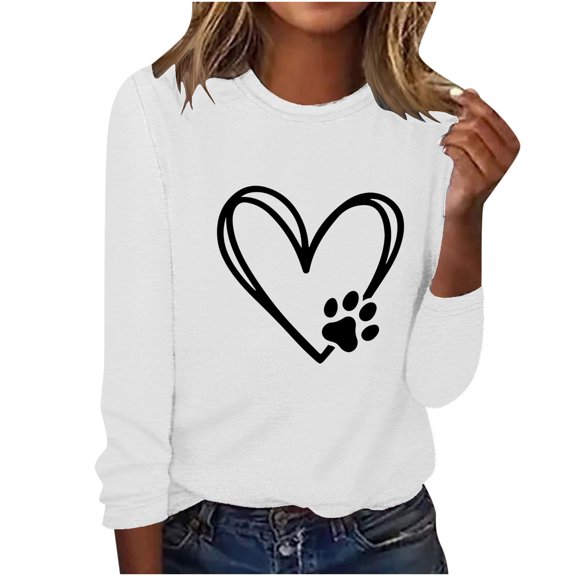 ibuvkizy Womens Sweatshirts Valentines Day Love Heart Printed Round Neck Pullover Long Sleeved Casual Womens Sweatshirts White,XL