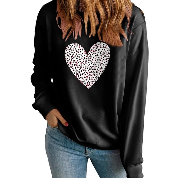 ibuvkizy Womens Sweatshirts Valentines Day Love Heart Round Neck Lover's Love Print Sweatshirt Long Sleeved Pullover Top/shirt Black,XL