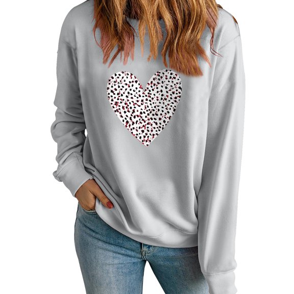ibuvkizy Womens Sweatshirts Valentines Day Love Heart Round Neck Lover's Love Print Sweatshirt Long Sleeved Pullover Top/shirt Gray,XS