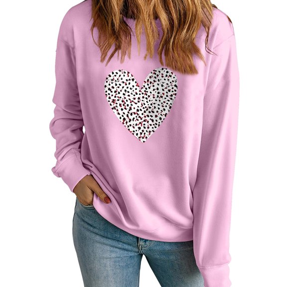 ibuvkizy Womens Sweatshirts Valentines Day Love Heart Round Neck Lover's Love Print Sweatshirt Long Sleeved Pullover Top/shirt Pink,XL