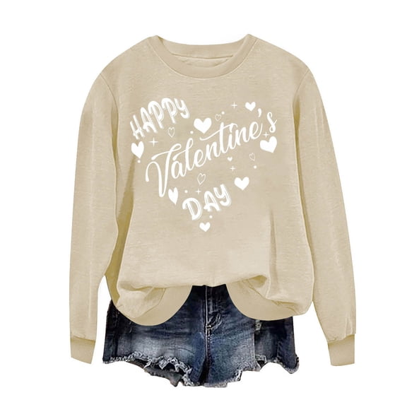 ibuvkizy Womens Sweatshirts Valentines Day Love Heart Round Neck Printed Sweatshirts Long Sleeved Pullover Top Sweatshirt Khaki,XS