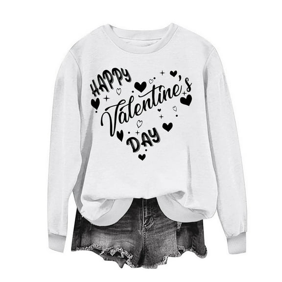 ibuvkizy Womens Sweatshirts Valentines Day Love Heart Round Neck Printed Sweatshirts Long Sleeved Pullover Top Sweatshirt White,XS