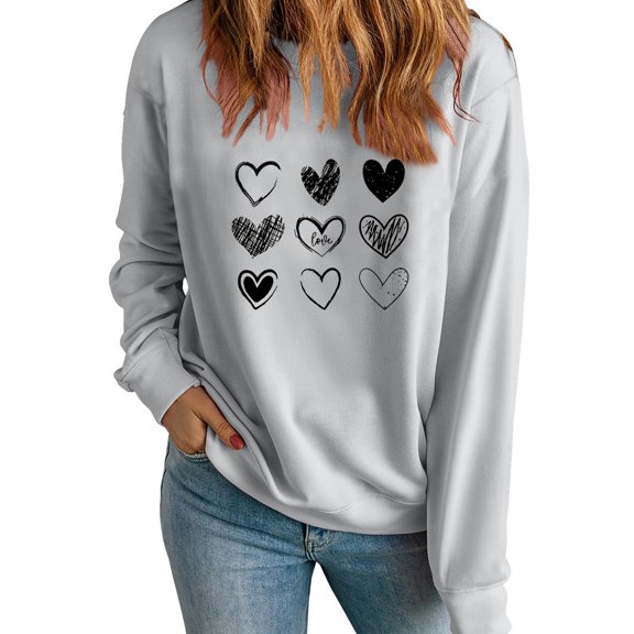 ibuvkizy Womens Sweatshirts Valentines Day!Women's Round Neck Lover's Love Print Sweatshirt Long Sleeved Pullover Top/shirt Gray,M