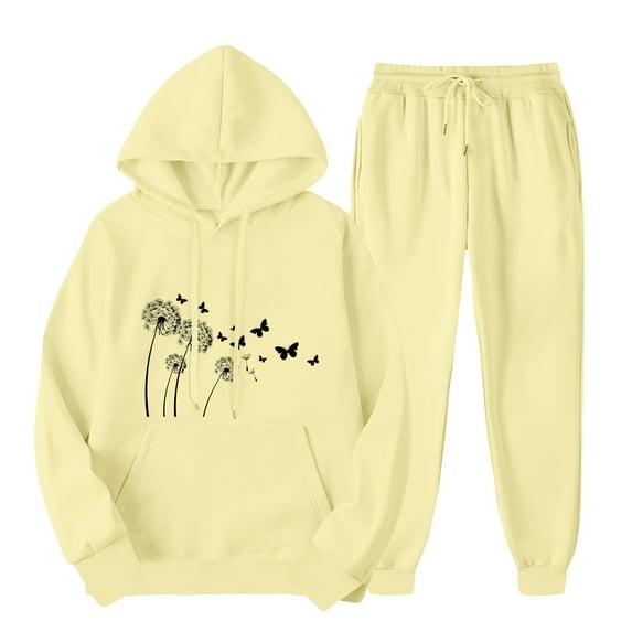 ibuvkizy Womens Sweatsuits 2 Piece Set,Outfits Men's and Women's Sports Tracksuits Long Sleeve Pullover Hoodies Sweatshirt Loose Coat and Sweatpants Fall Winter Suit Yellow,S