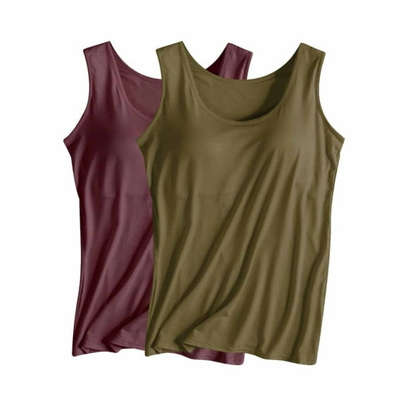 ibuvkizy Womens Tank Tops!2PC Tank Tops for Women Built in Bra Solid Color Sleeveless Tanks Layering Undershirts Yoga Workout Sports Tops Summer Clothes