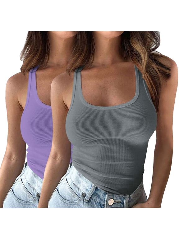 Womens Tank Tops,Ribbed Tank Tops for Women 2 Pack Fashionable Women's Summer Solid Color Casual Sleeveless U-neck Top,M
