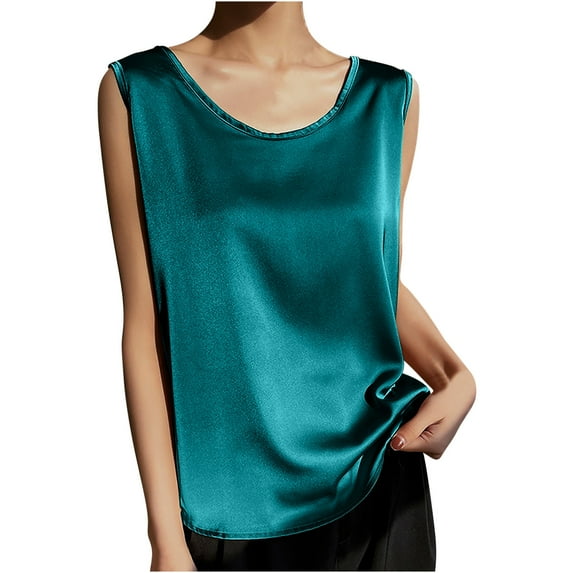 ibuvkizy Womens Tank Tops Clearance!Satin Tank Tops for Women,Women's Spring Summer Solid Color Round-Neck Sleeveless Casual Shirt Top Green,XXL