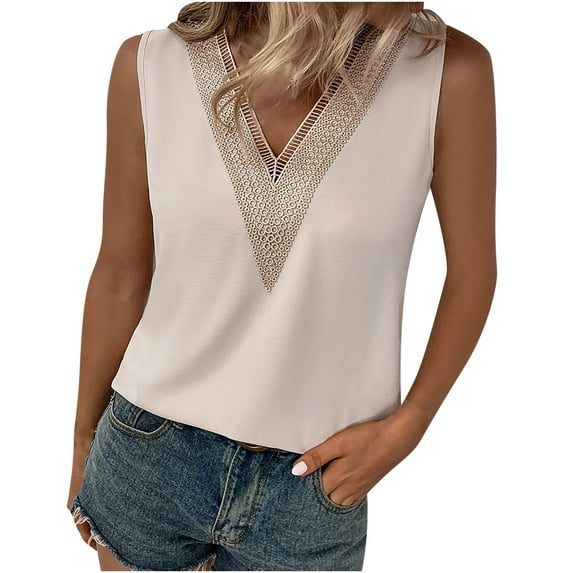 ibuvkizy Womens Tank Tops Loose Fit Clearance Cute Summer Tops for Women,Fashion Womens Casual Solid Color V Neck Tank Tops Sleeveless Lace Stitching Vest Tops