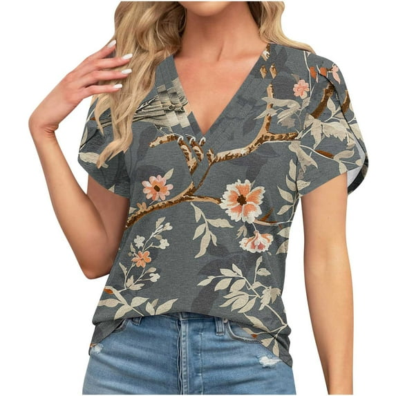 ibuvkizy Womens Tops Short Sleeve Shirts for Women,Women's Summer Casual V-neck T-shirt Lace Printed Top/shirt,Plus Size Blouses Shirts,Summer Tops for Women 2025