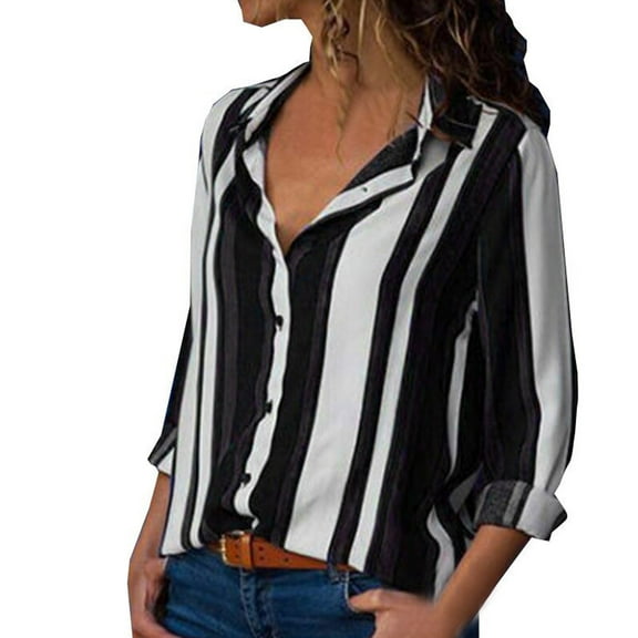 ibuvkizy Womens Tops Women Casual Cuffed Long Sleeve V-Neck Button Up Striped Shirt Blouse Tops,Tshirts for Women,Plus Size Blouses Shirts,Summer Tops for Women 2025