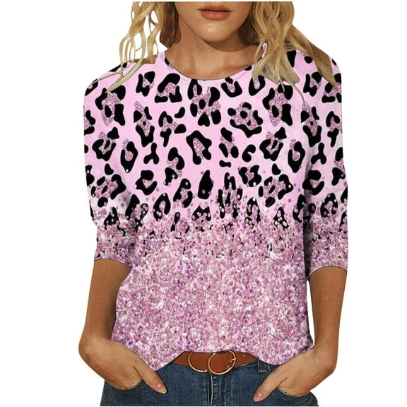 ibuvkizy Womens Tops,Women's Fashion Printed Loose T-shirt Mid-length 3/4 Sleeves Blouse Round Neck Casual Tops,Tshirts for Women,Plus Size Blouses Shirts,Summer Tops for Women