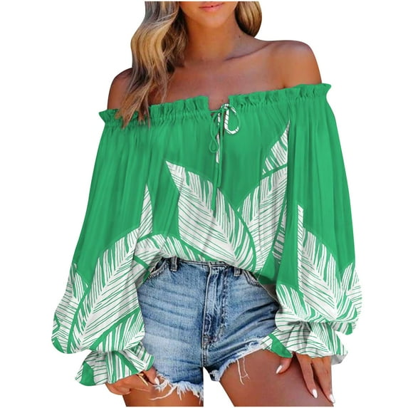 ibuvkizy Womens Tops Women's Summer Casual Printing Long Sleeve Off-The-Shoulder Tops Loose Blouses,Tshirts for Women,Plus Size Blouses Shirts,Summer Tops for Women 2025