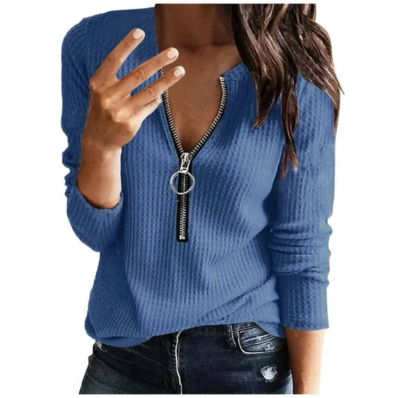 ibuvkizy Womens Tops Womens Fashion Casual Solid V Neck Zipper Daily Holiday Shirt Blouse Tops,Tshirts for Women,Plus Size Blouses Shirts,Summer Tops for Women 2025