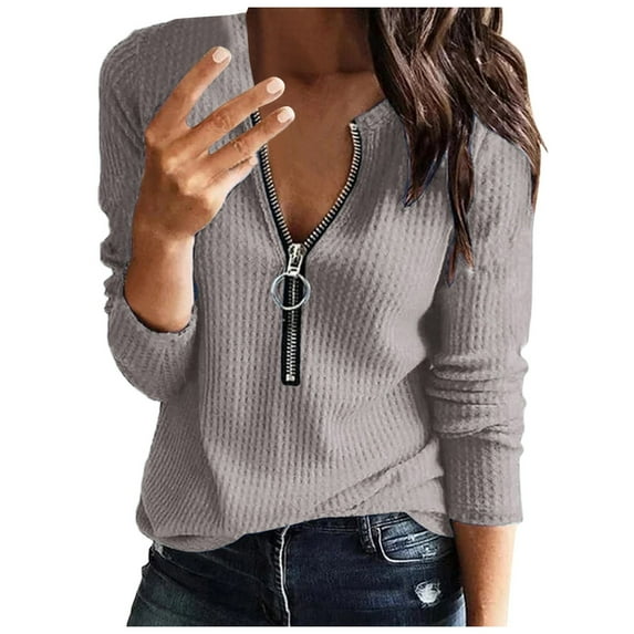 ibuvkizy Womens Tops Clearance,Womens Fashion Casual Solid V Neck Zipper Daily Holiday Shirt Blouse Tops,Tshirts for Women,Plus Size Blouses Shirts,Summer Tops for Women 2024