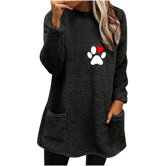 ibuvkizy Womens Tops Long Sleeve Fall Women's Round- Neck and Winter Loose Print Pocket Warm Long Sleeve Blouse Tops,Tshirts for Women,Plus Size Blouses Shirts