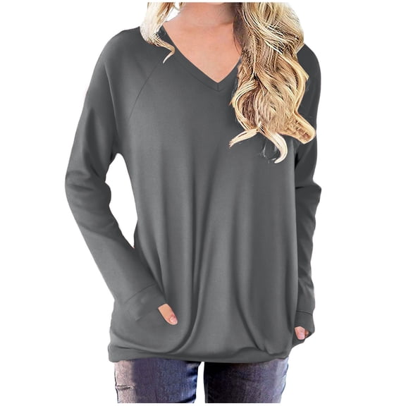 ibuvkizy Womens Tops,Long Sleeve Shirts for Women,Oversized Tshirts Shirts for Women Solid Workout Sweatshirts Casual Basic Long Sleeve Shirt Classic V-Neck Tops Gray,L