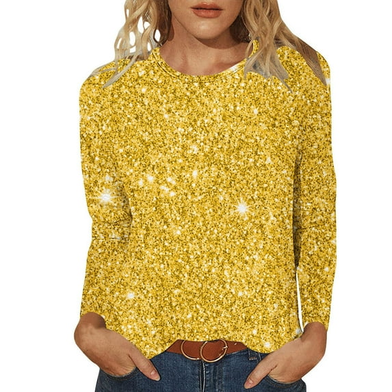 ibuvkizy Womens Tops,Long Sleeve Shirts for Women,Ladies' Shiny Printed Casual Pullover Classic Long Sleeved Round Neck Top Yellow,M
