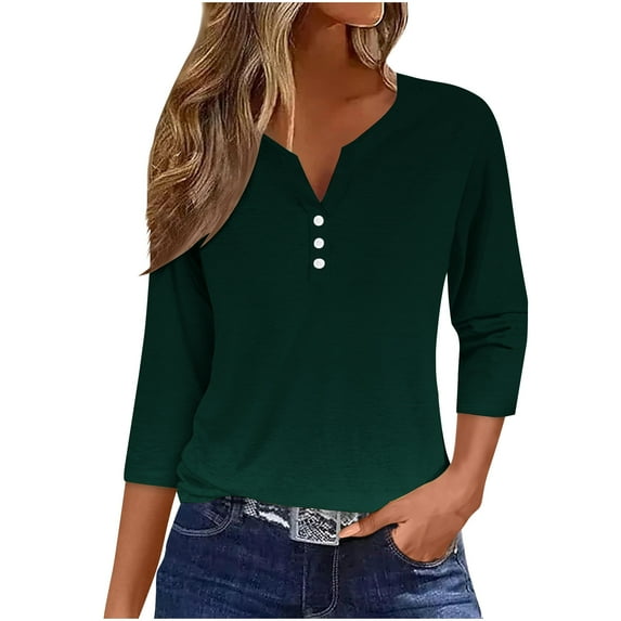 ibuvkizy Womens Tops Shirts for Women,Women's Fashion Casual Solid T-shirt 3/4 Sleeves Buttons Blouse V-Neck Casual Tops,Plus Size Blouses Shirts,Summer Tops for Women 2025